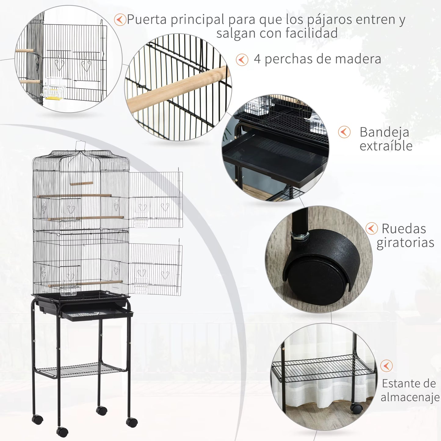 Bird Cage with Support 4 Wheels and Feeders 46.5X36X157 Cm Black