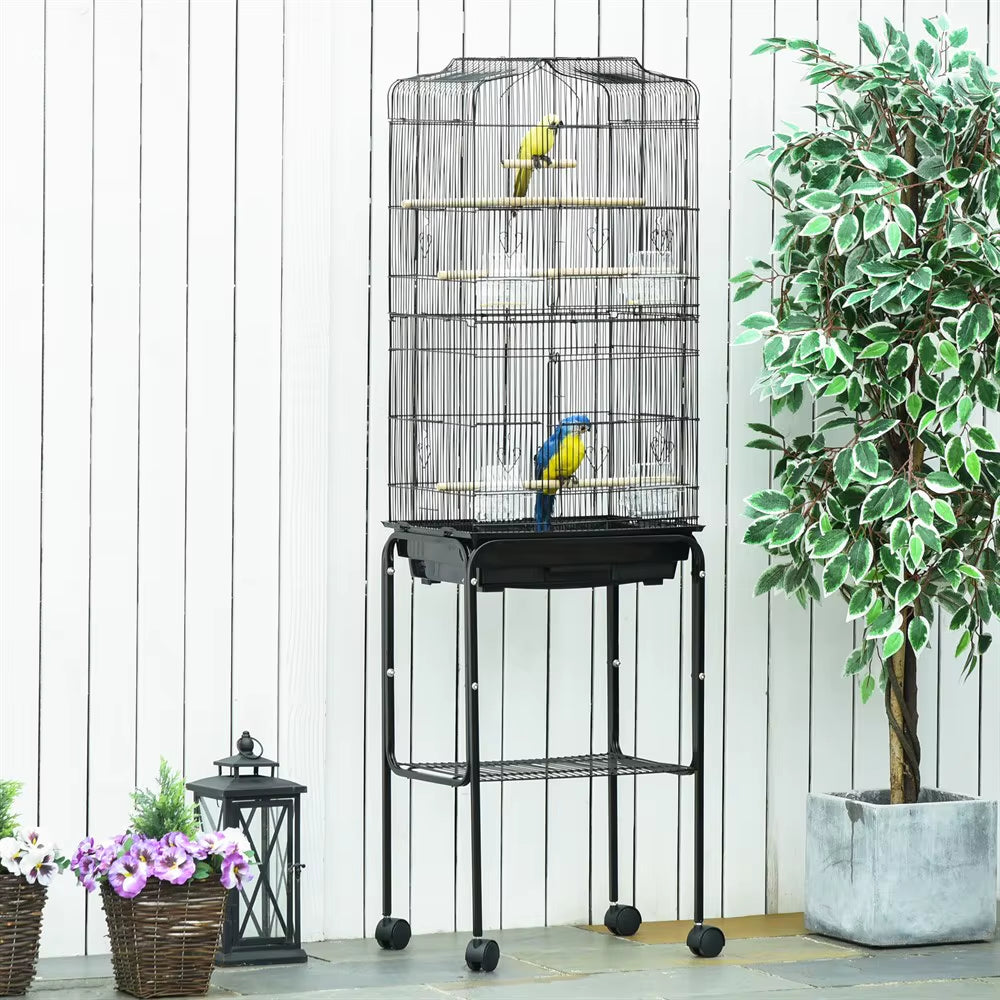Bird Cage with Support 4 Wheels and Feeders 46.5X36X157 Cm Black