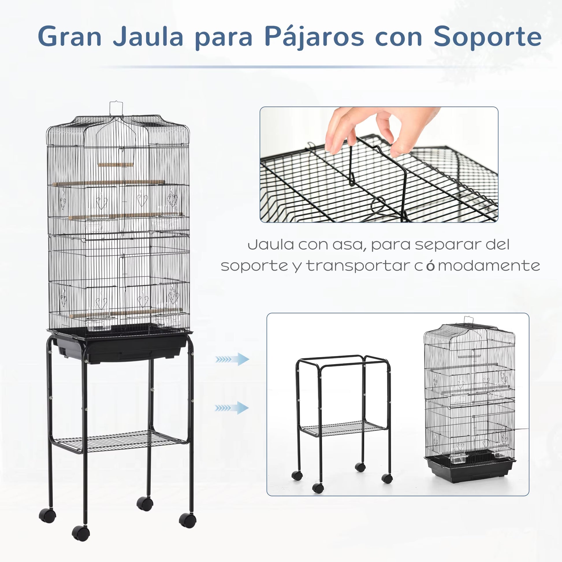 Bird Cage with Support 4 Wheels and Feeders 46.5X36X157 Cm Black