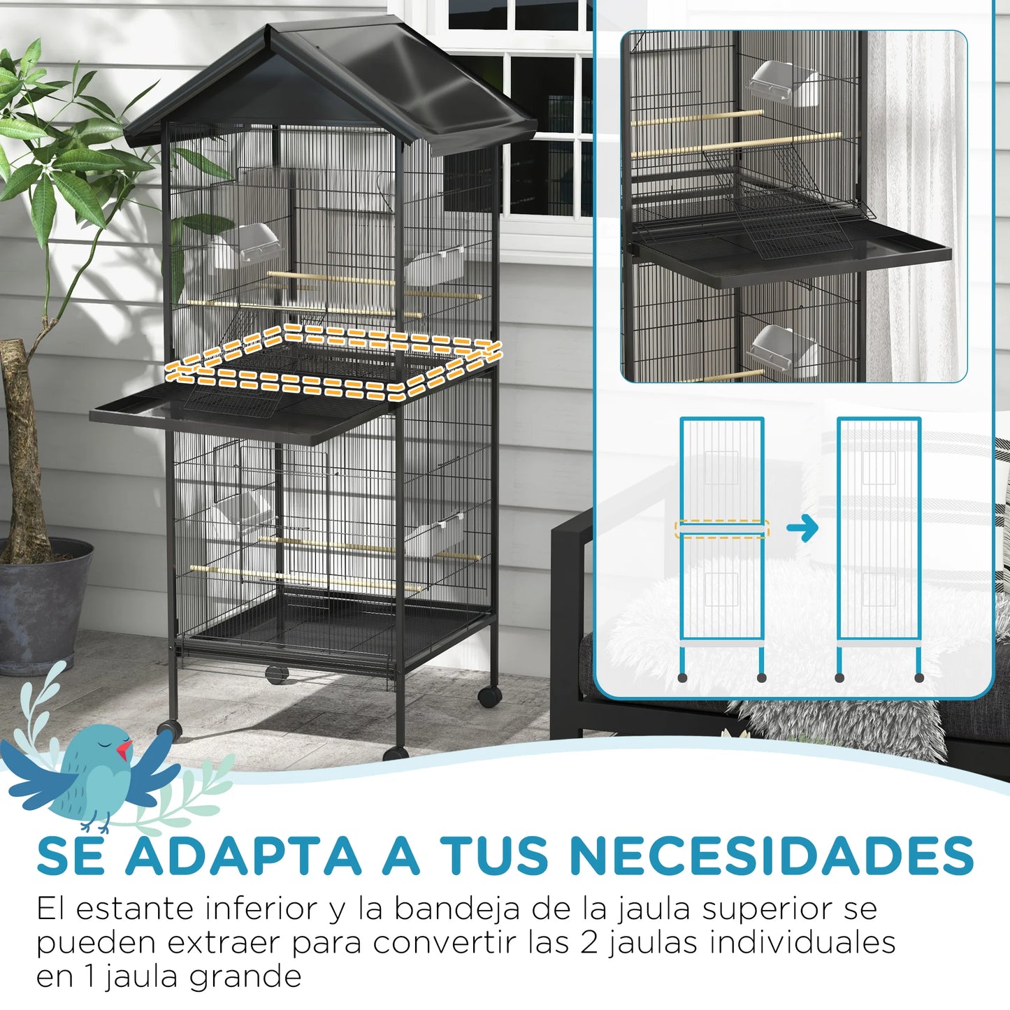 2 in 1 Large 2-Story Bird Cage 78X75X168 Cm Black