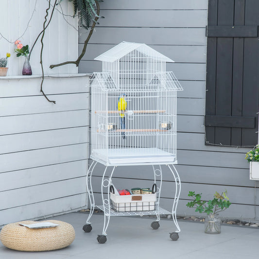 Bird Cage with Wheels Large Cage with Stand Birdhouse with Removable Tray Doors Feeders Perches and Bottom Shelf for Cockatiel Nymph Sun Conure 50X49X137 Cm White