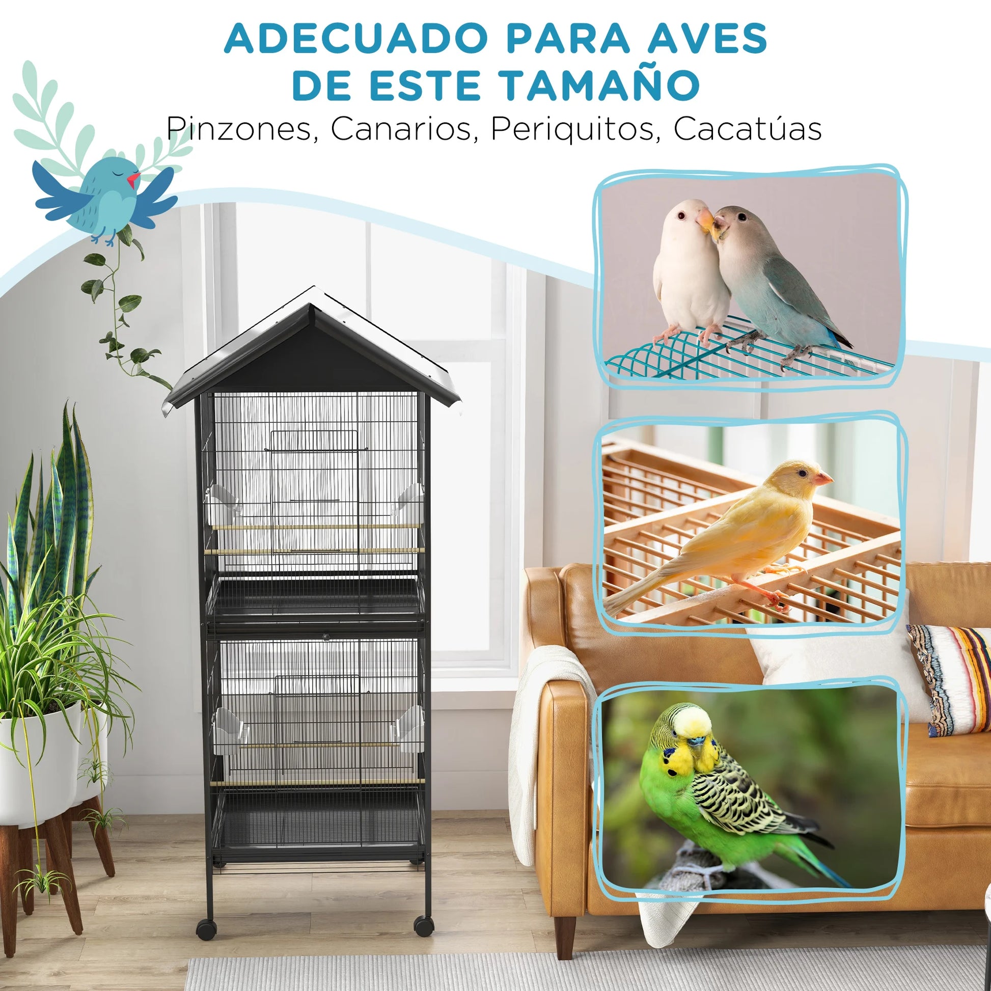 2 in 1 Large 2-Story Bird Cage 78X75X168 Cm Black