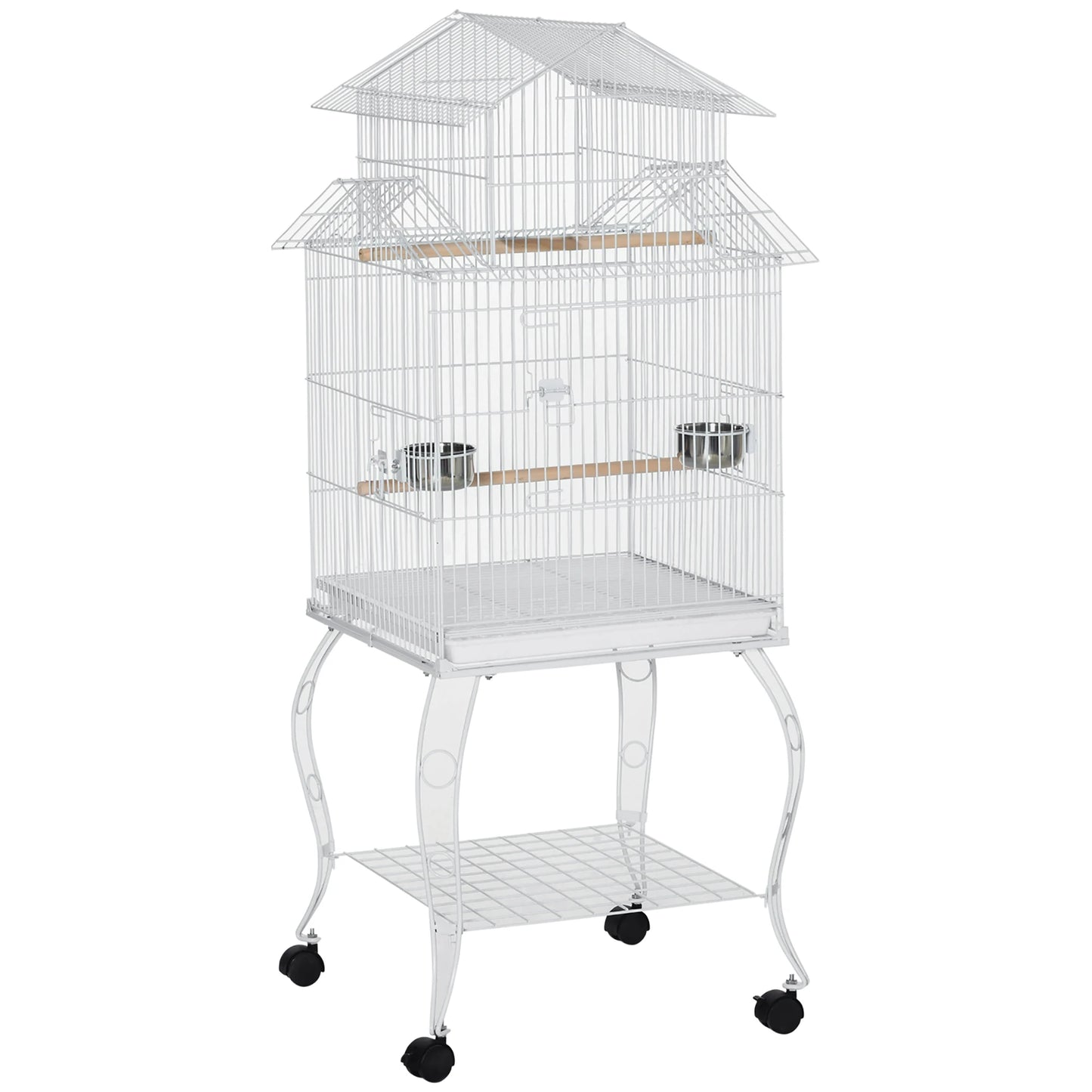Bird Cage with Wheels Large Cage with Stand Birdhouse with Removable Tray Doors Feeders Perches and Bottom Shelf for Cockatiel Nymph Sun Conure 50X49X137 Cm White