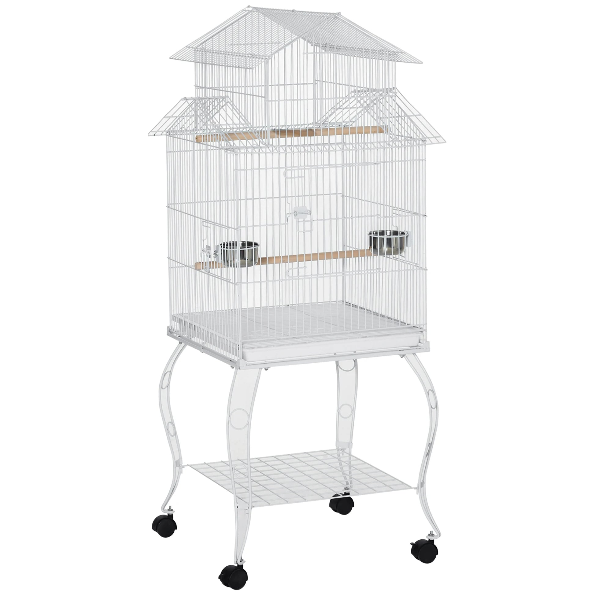 Bird Cage with Wheels Large Cage with Stand Birdhouse with Removable Tray Doors Feeders Perches and Bottom Shelf for Cockatiel Nymph Sun Conure 50X49X137 Cm White