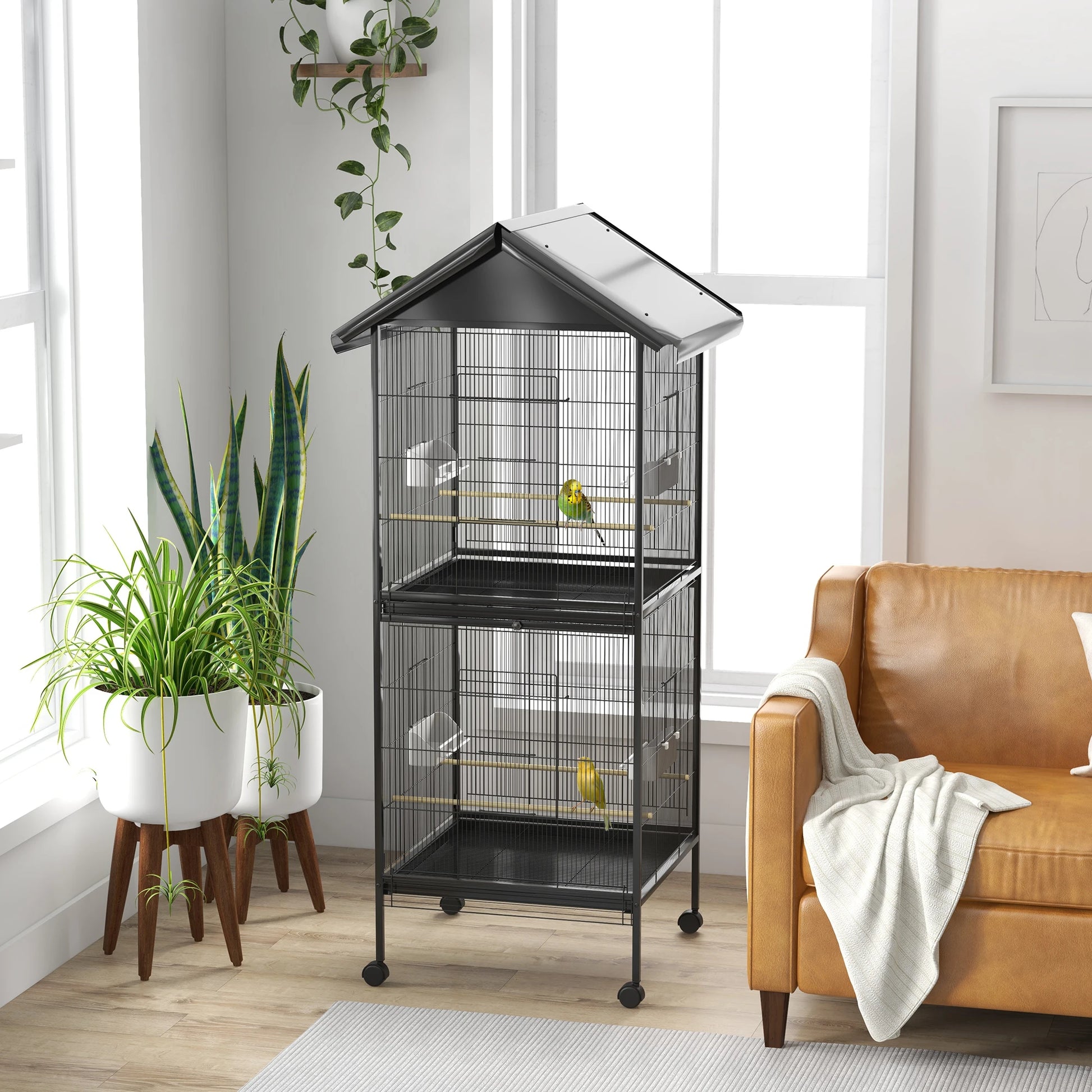 2 in 1 Large 2-Story Bird Cage 78X75X168 Cm Black
