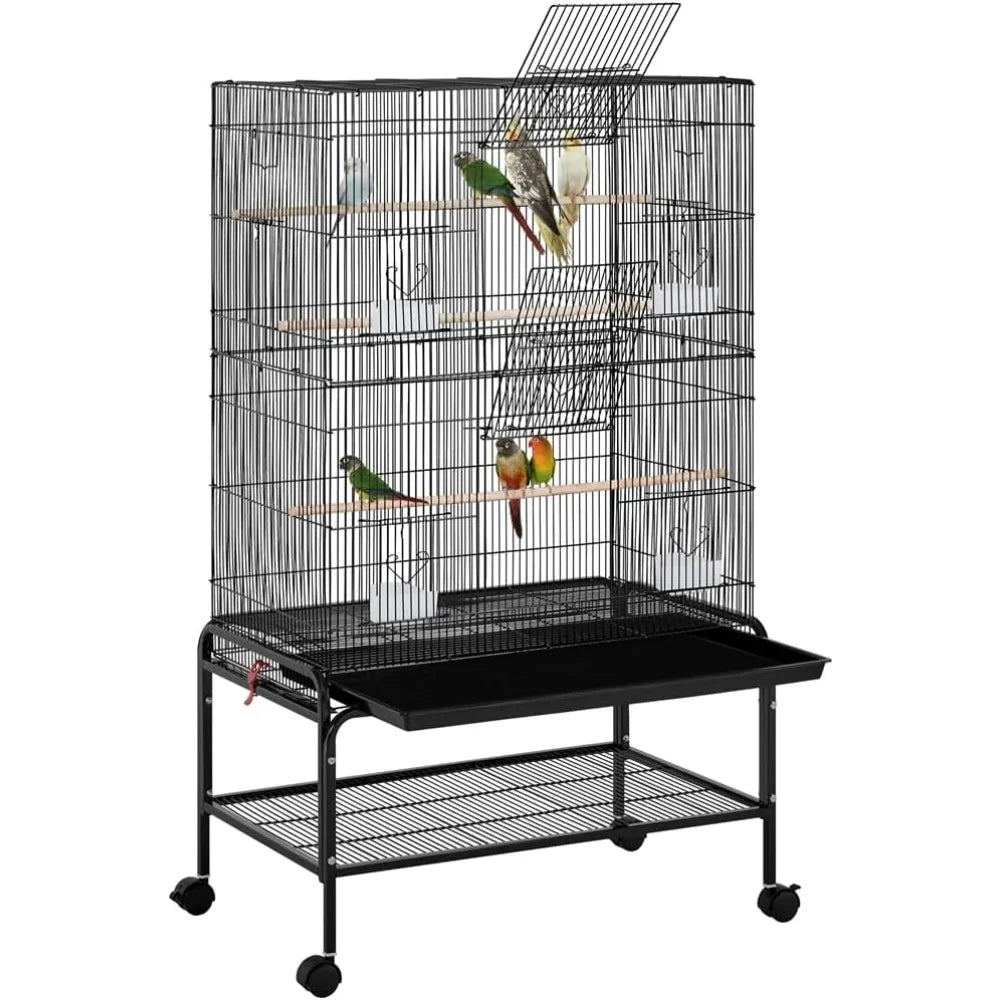 Large Bird Cage 79 X 49 X 134.5 Cm with 3 Perches, Parrot Cage with 6 Doors, Parakeet Cage, 4 Feeders, Dirt Tray, Black