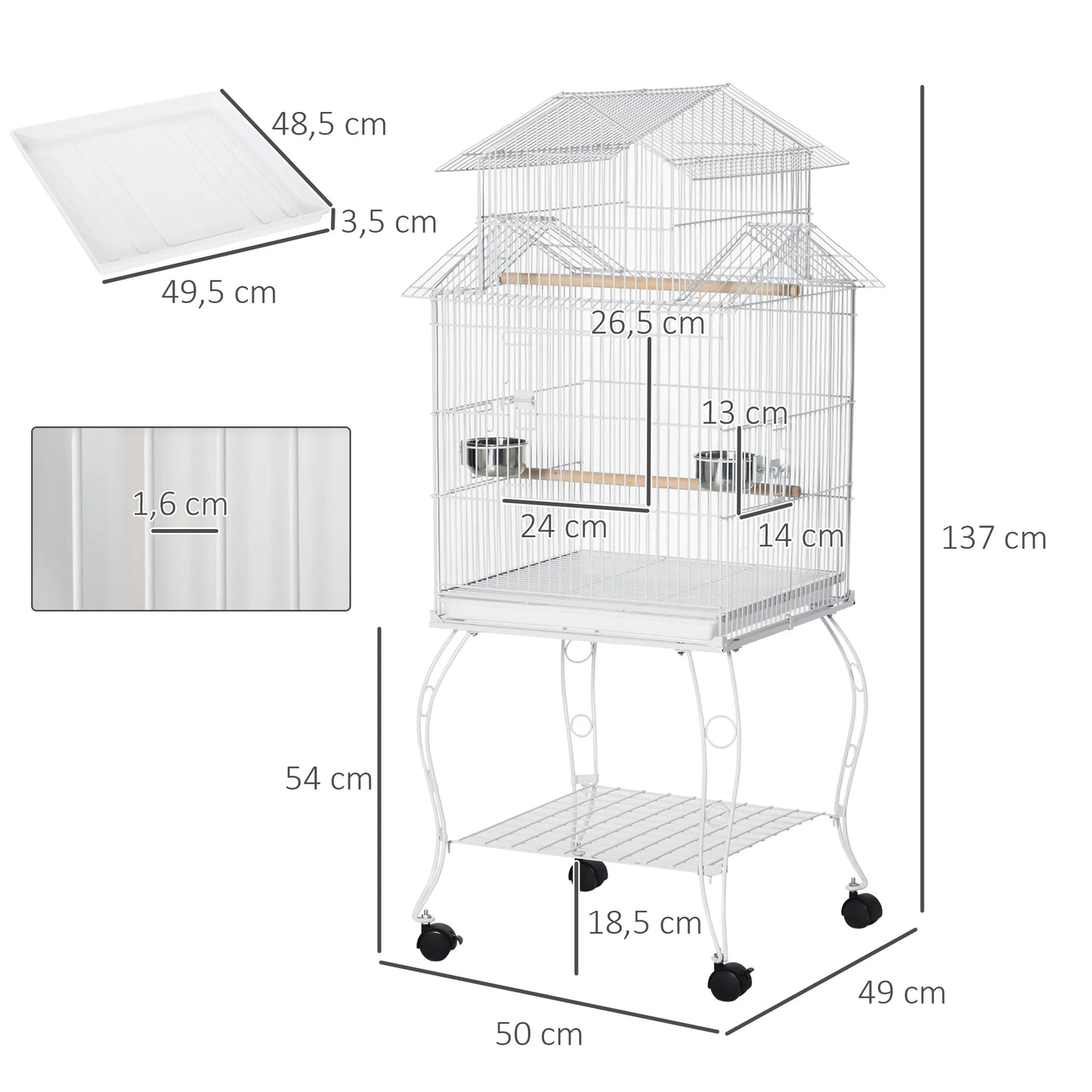 Bird Cage with Wheels Large Cage with Stand Birdhouse with Removable Tray Doors Feeders Perches and Bottom Shelf for Cockatiel Nymph Sun Conure 50X49X137 Cm White