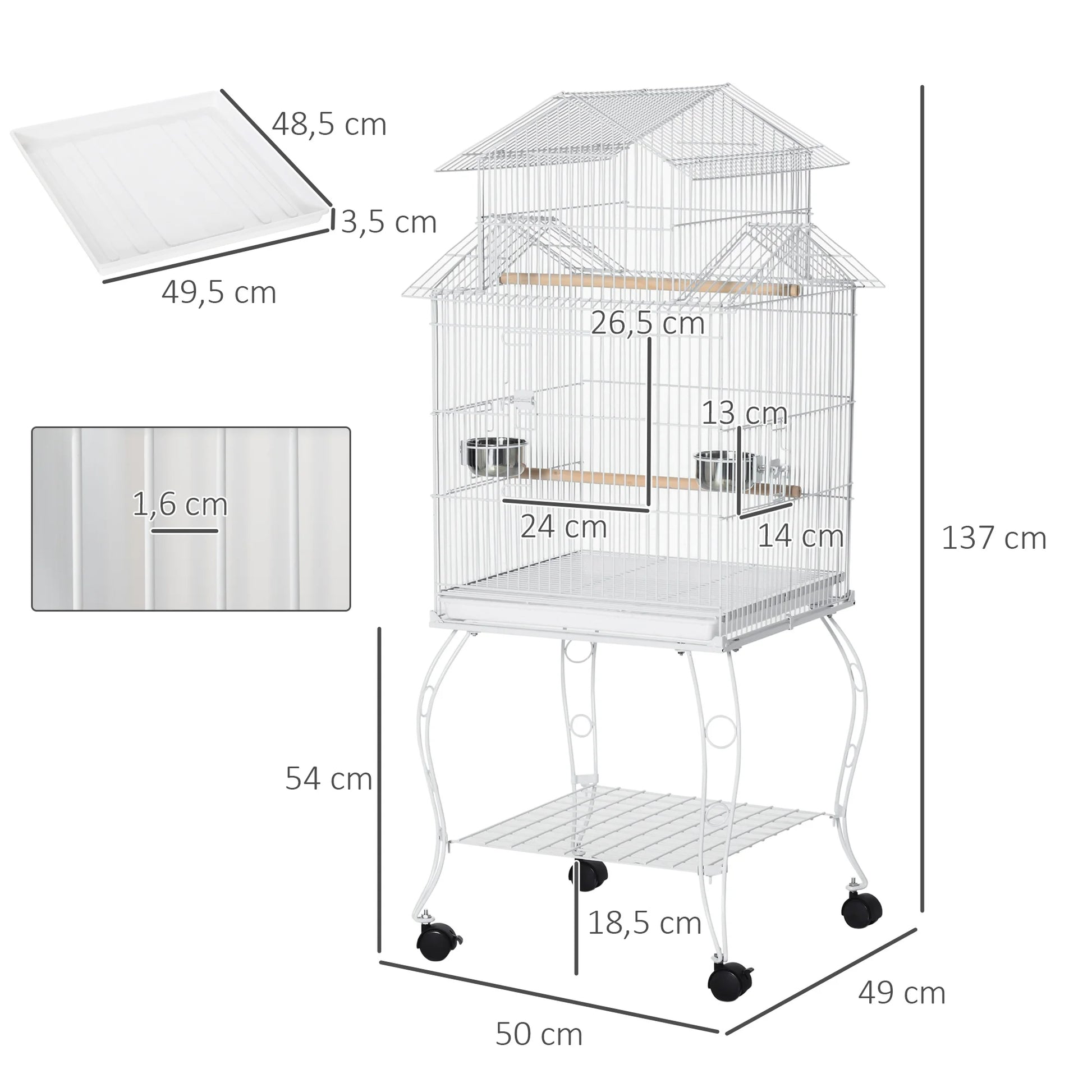 Bird Cage with Wheels Large Cage with Stand Birdhouse with Removable Tray Doors Feeders Perches and Bottom Shelf for Cockatiel Nymph Sun Conure 50X49X137 Cm White