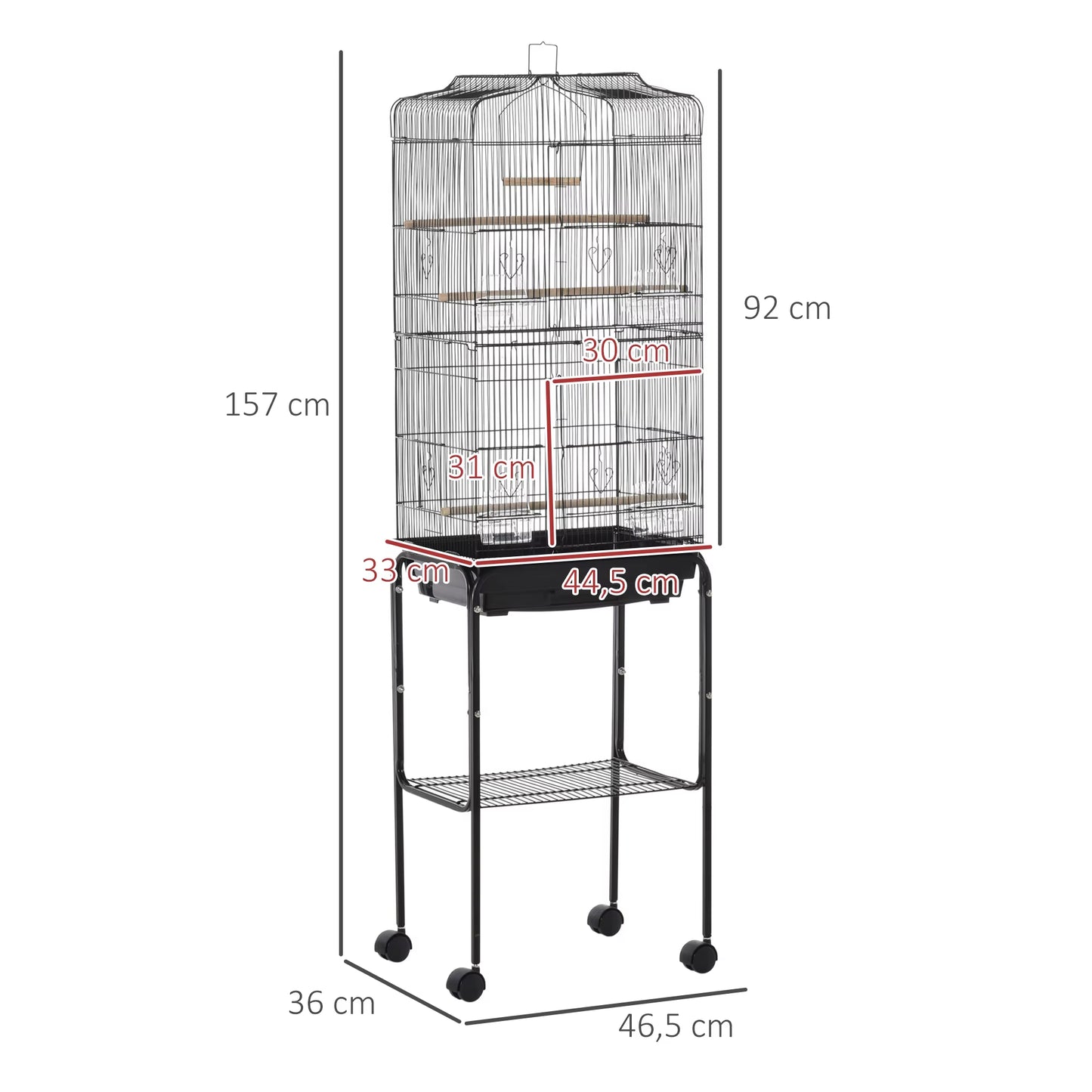 Bird Cage with Support 4 Wheels and Feeders 46.5X36X157 Cm Black