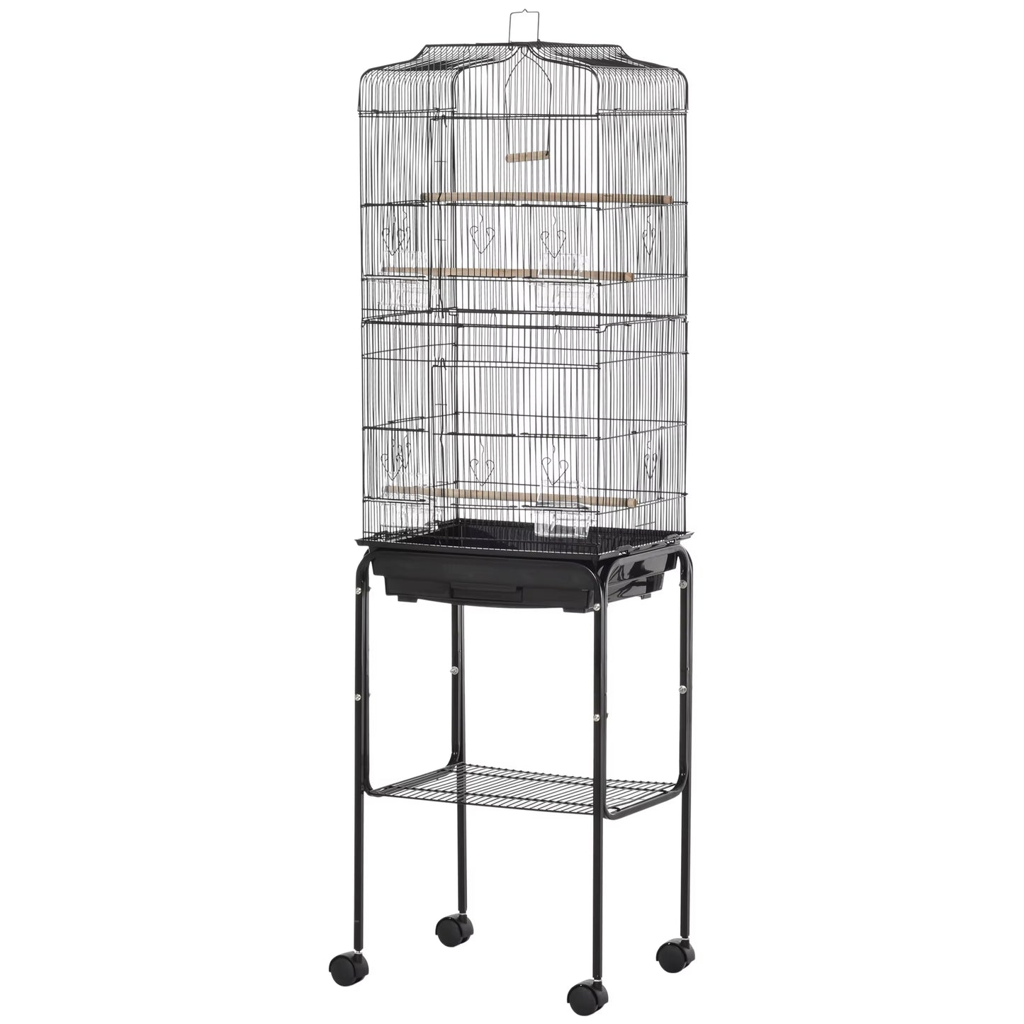 Bird Cage with Support 4 Wheels and Feeders 46.5X36X157 Cm Black
