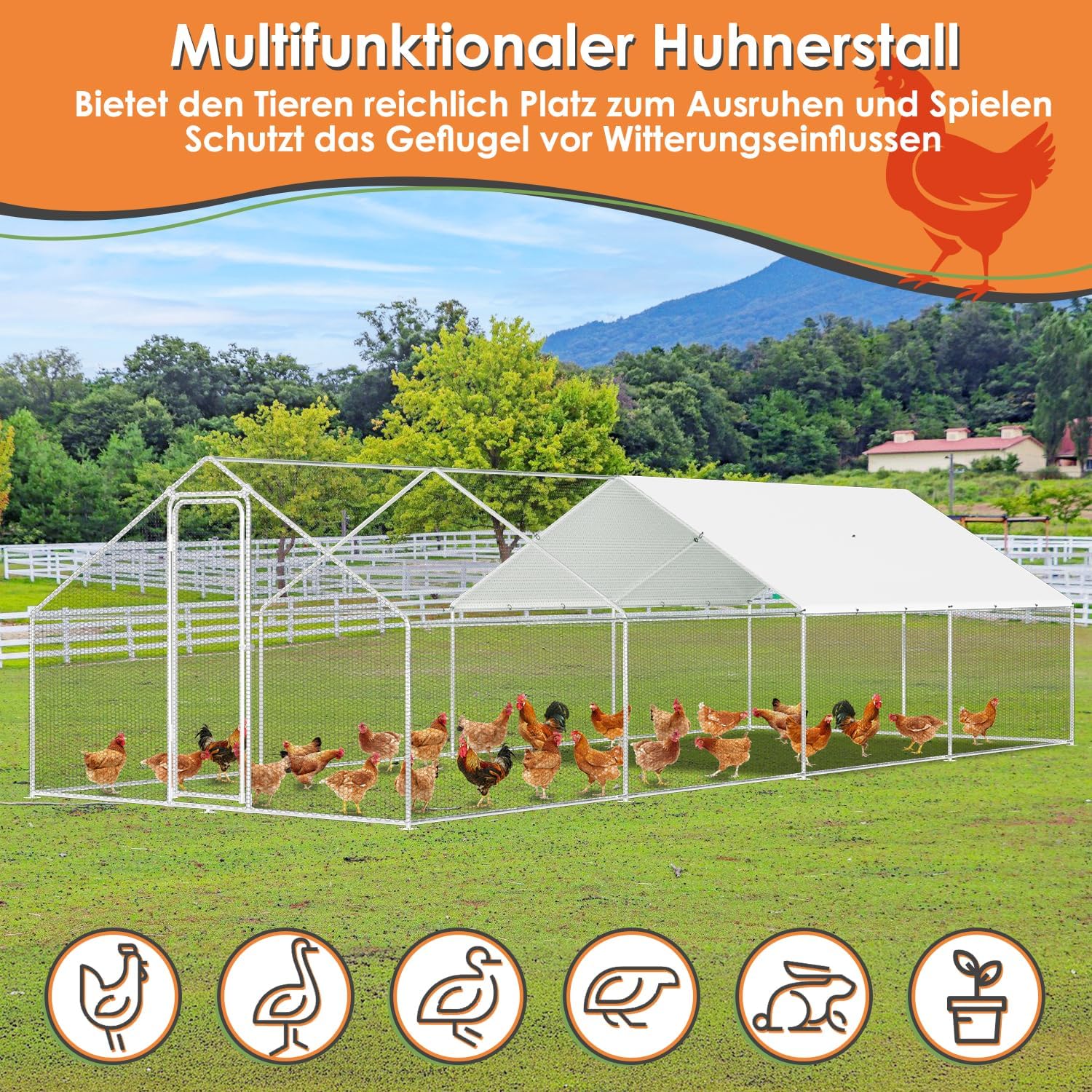 Gallinero Jaulas Para Animales Pequeños, 3 X 8 X 2 M, XXL, Con Cerradura De Seguridad Y Paño De Polietileno Impermeable, Ideal Para Pollos Y Otros Animales Pequeños