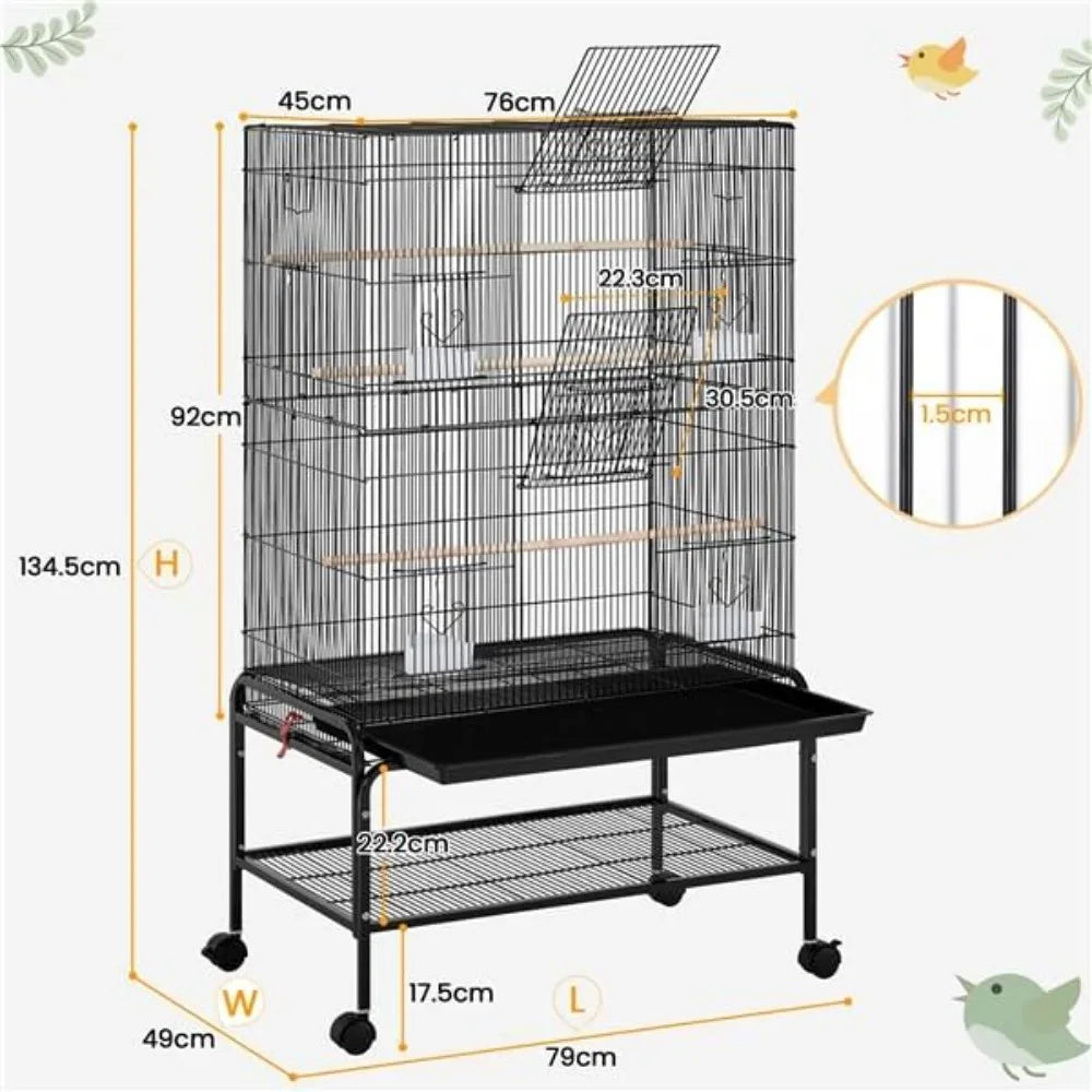 Large Bird Cage 79 X 49 X 134.5 Cm with 3 Perches, Parrot Cage with 6 Doors, Parakeet Cage, 4 Feeders, Dirt Tray, Black