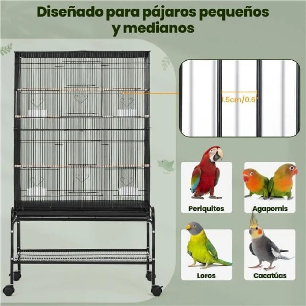 Large Bird Cage 79 X 49 X 134.5 Cm with 3 Perches, Parrot Cage with 6 Doors, Parakeet Cage, 4 Feeders, Dirt Tray, Black