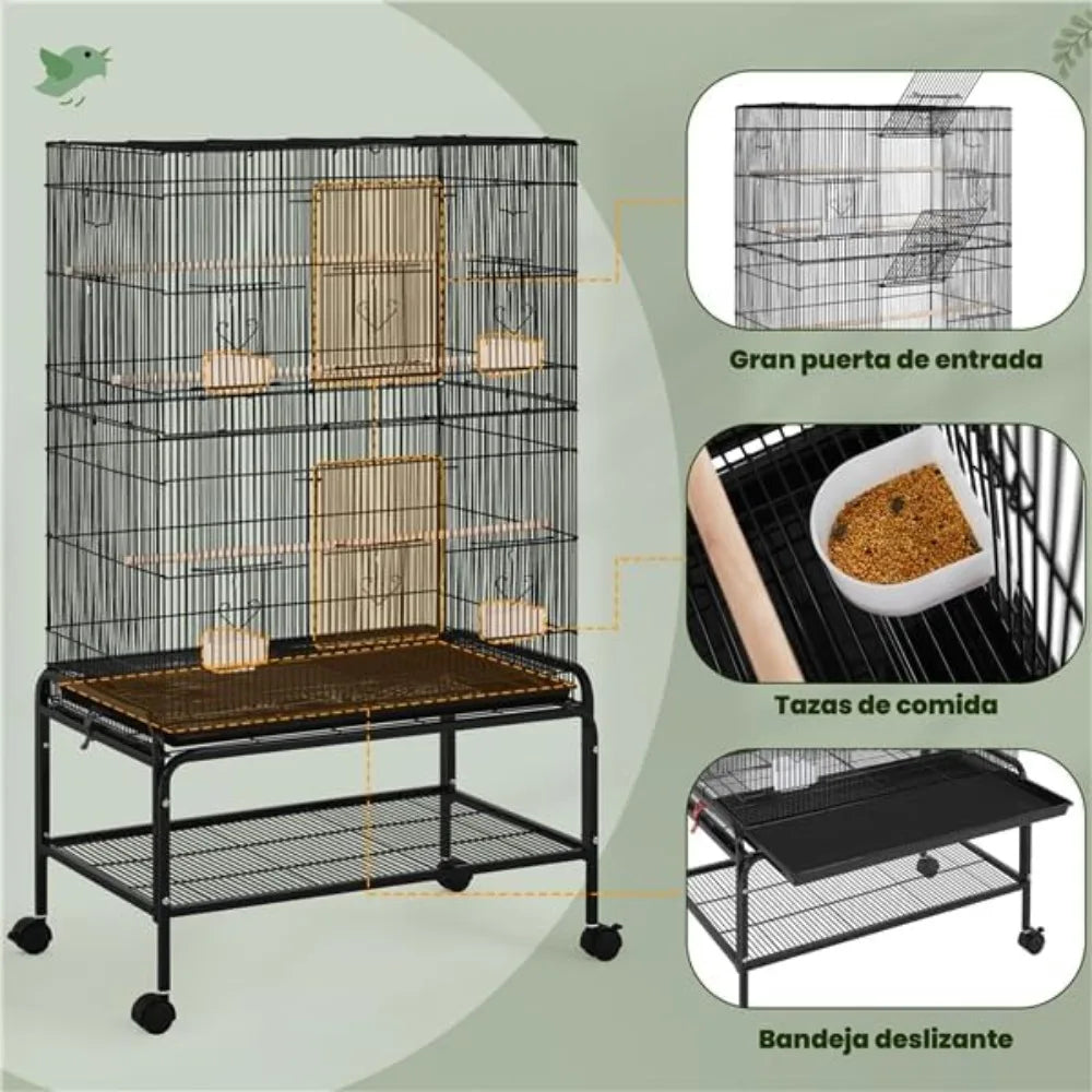 Large Bird Cage 79 X 49 X 134.5 Cm with 3 Perches, Parrot Cage with 6 Doors, Parakeet Cage, 4 Feeders, Dirt Tray, Black