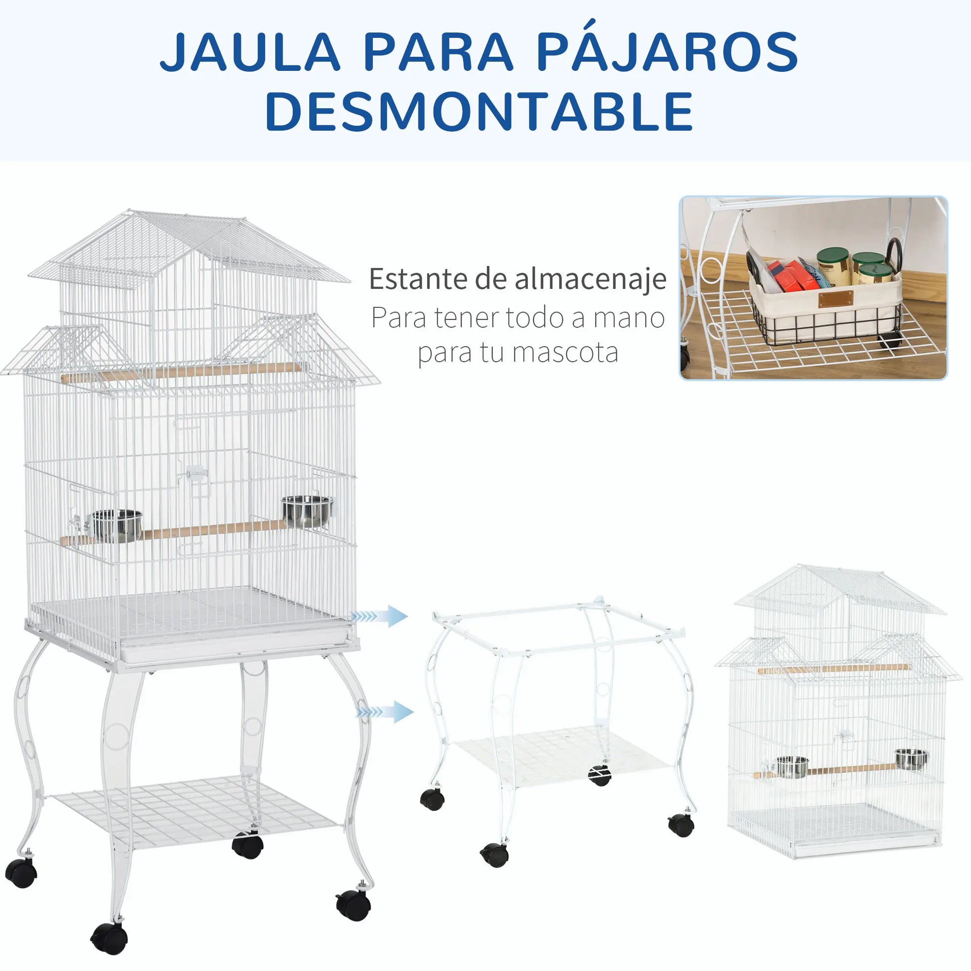 Bird Cage with Wheels Large Cage with Stand Birdhouse with Removable Tray Doors Feeders Perches and Bottom Shelf for Cockatiel Nymph Sun Conure 50X49X137 Cm White