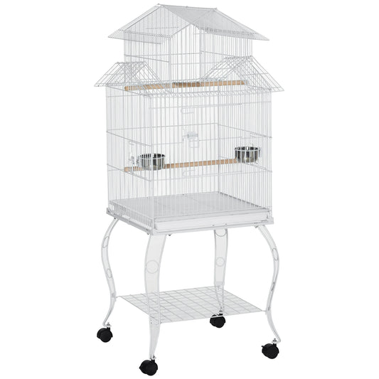 Bird Cage with Wheels Large Cage with Stand Birdhouse with Removable Tray Doors Feeders Perches and Bottom Shelf for Cockatiel Nymph Sun Conure 50X49X137 Cm White