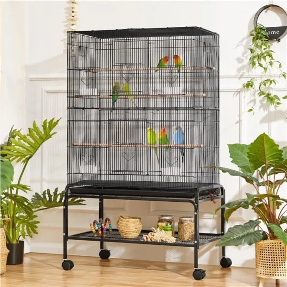 Large Bird Cage 79 X 49 X 134.5 Cm with 3 Perches, Parrot Cage with 6 Doors, Parakeet Cage, 4 Feeders, Dirt Tray, Black