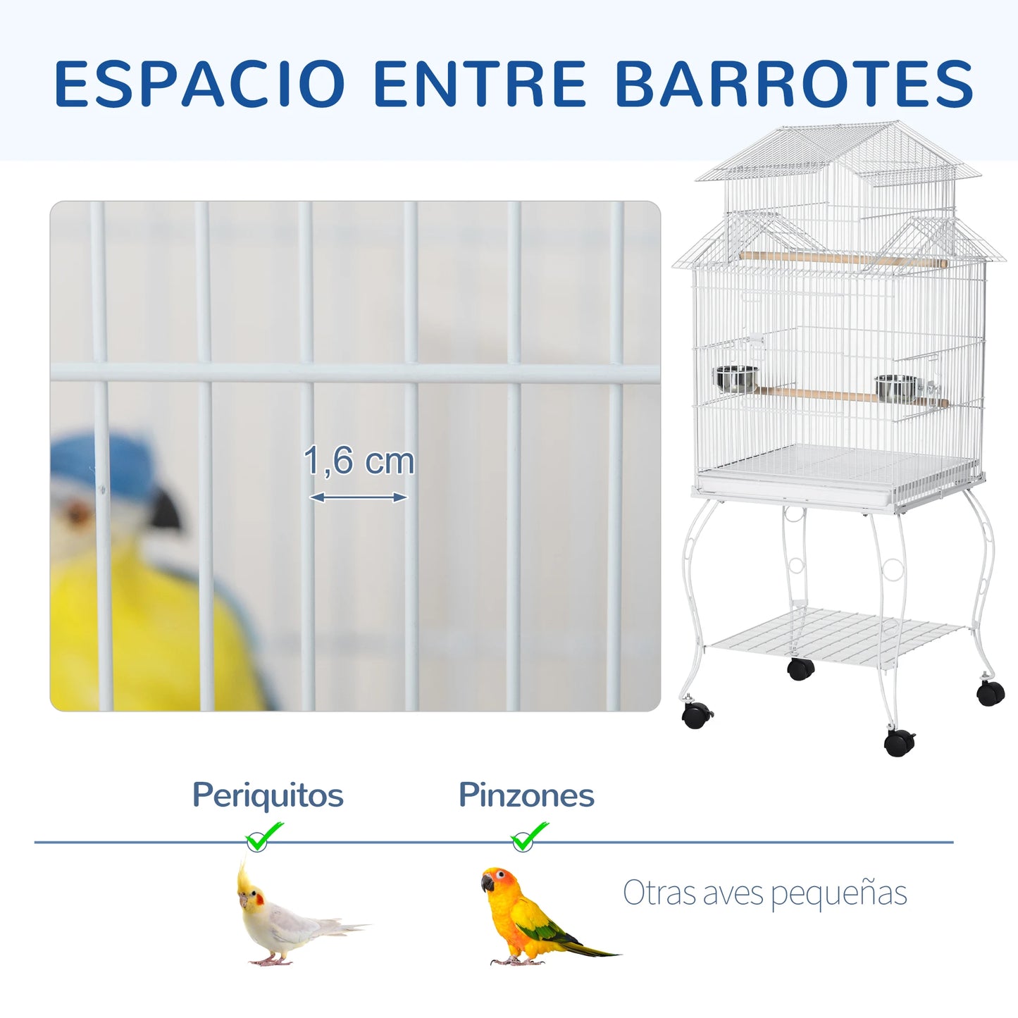 Bird Cage with Wheels Large Cage with Stand Birdhouse with Removable Tray Doors Feeders Perches and Bottom Shelf for Cockatiel Nymph Sun Conure 50X49X137 Cm White