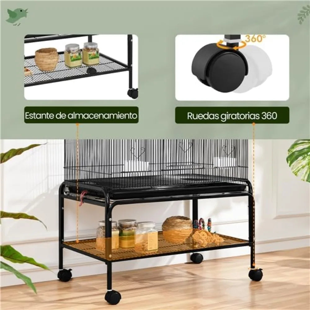 Large Bird Cage 79 X 49 X 134.5 Cm with 3 Perches, Parrot Cage with 6 Doors, Parakeet Cage, 4 Feeders, Dirt Tray, Black