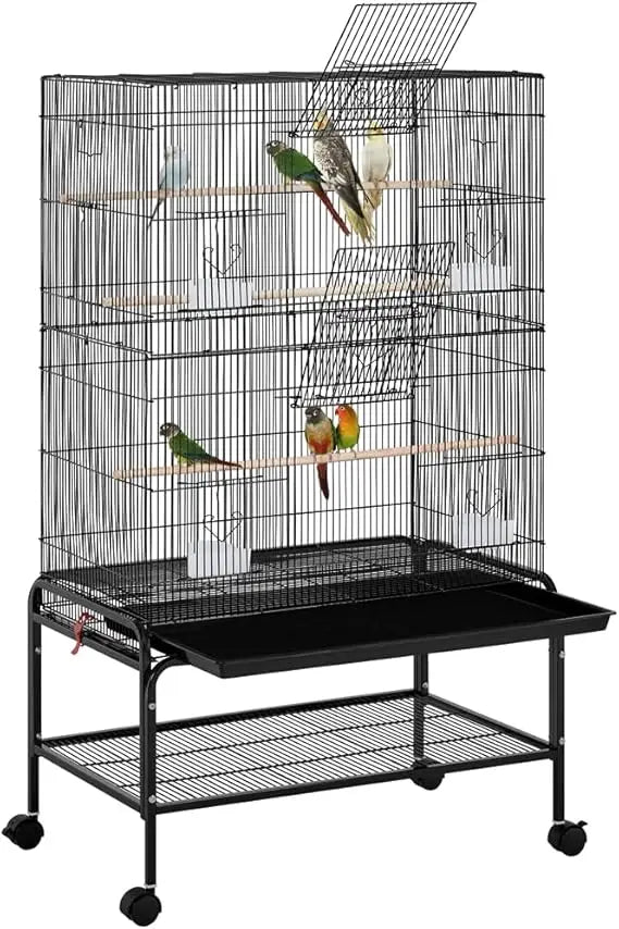 Large Bird Cage 79 X 49 X 134.5 Cm with 3 Perches, Parrot Cage with 6 Doors, Parakeet Cage, 4 Feeders, Dirt Tray, Black