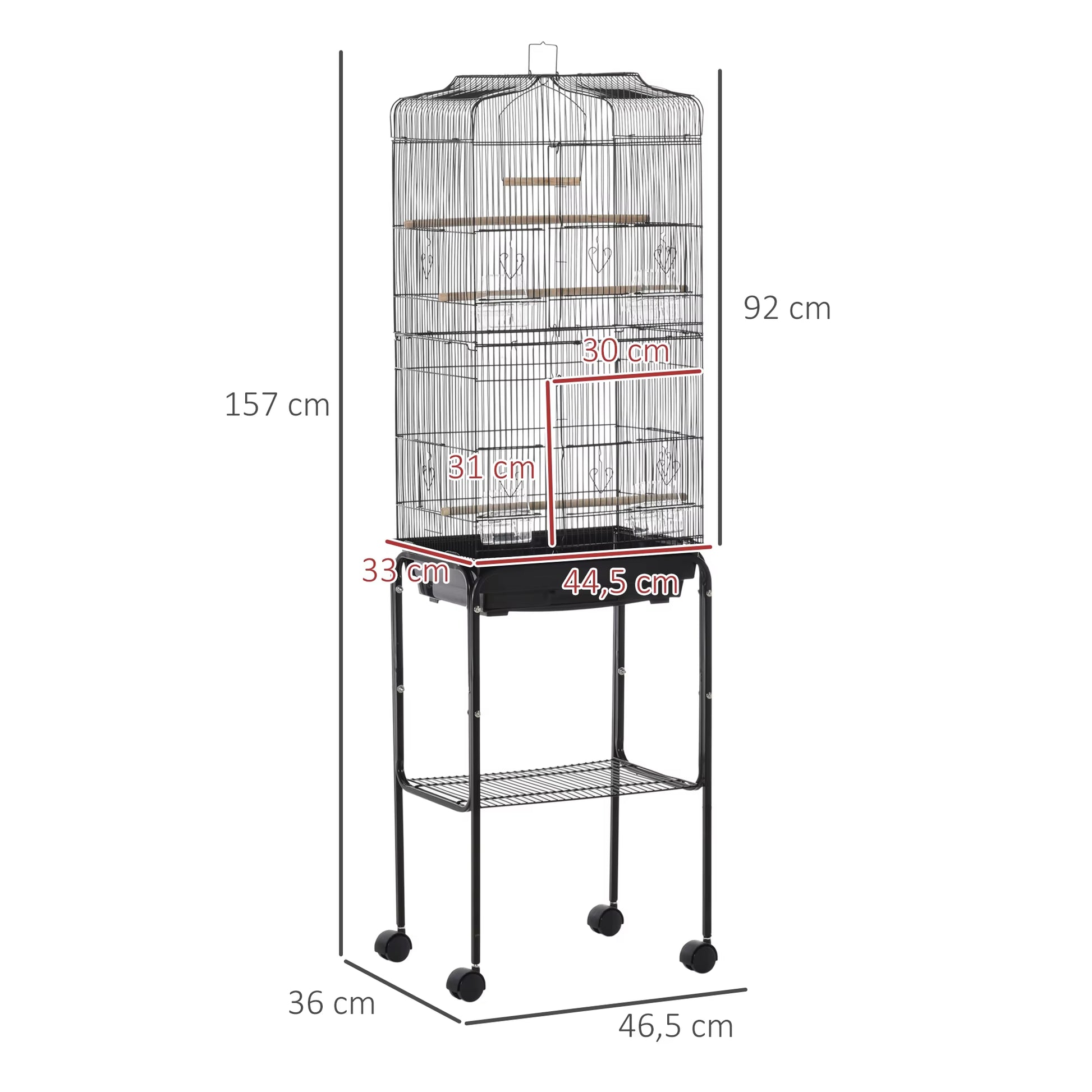 Bird Cage with Support 4 Wheels and Feeders 46.5X36X157 Cm Black