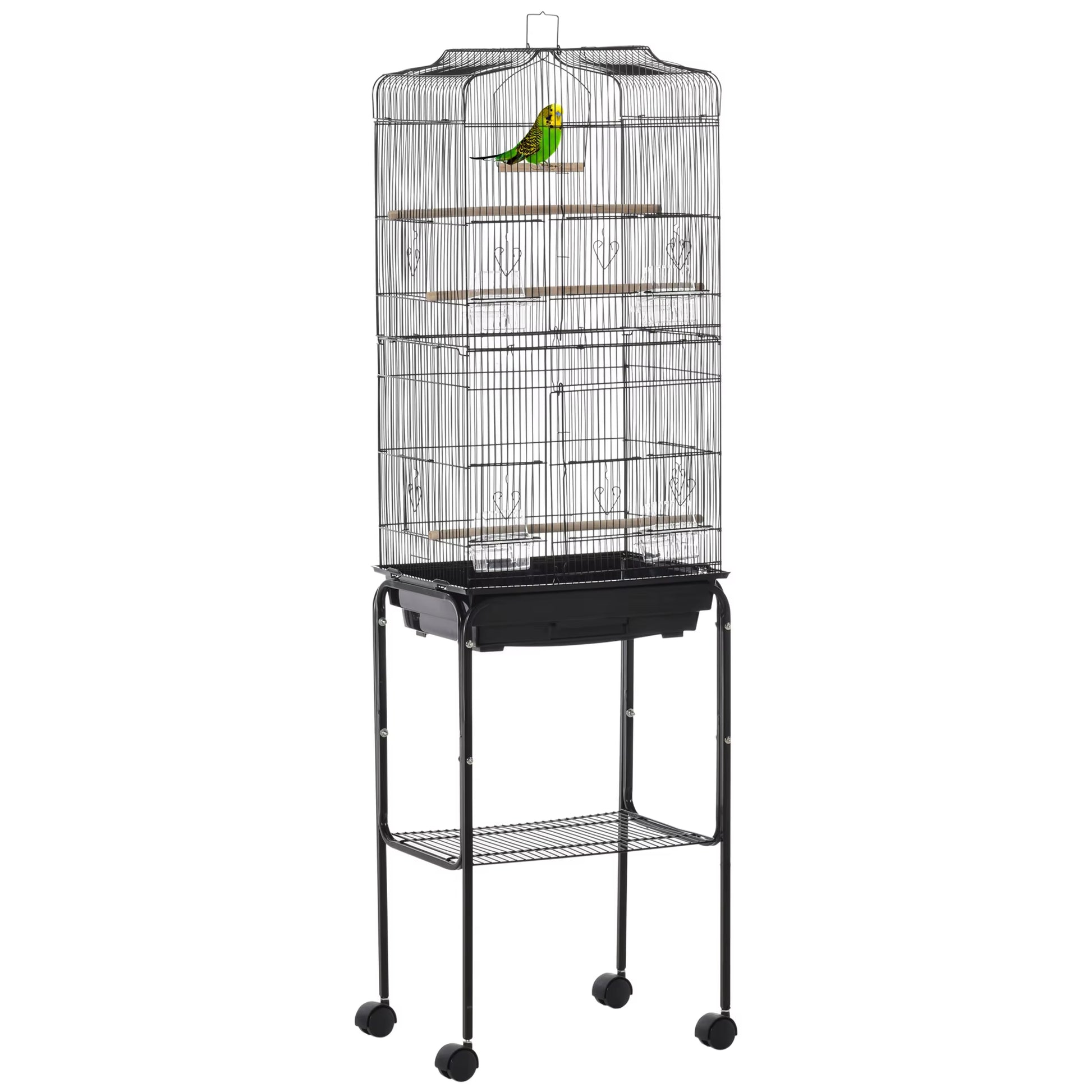 Bird Cage with Support 4 Wheels and Feeders 46.5X36X157 Cm Black